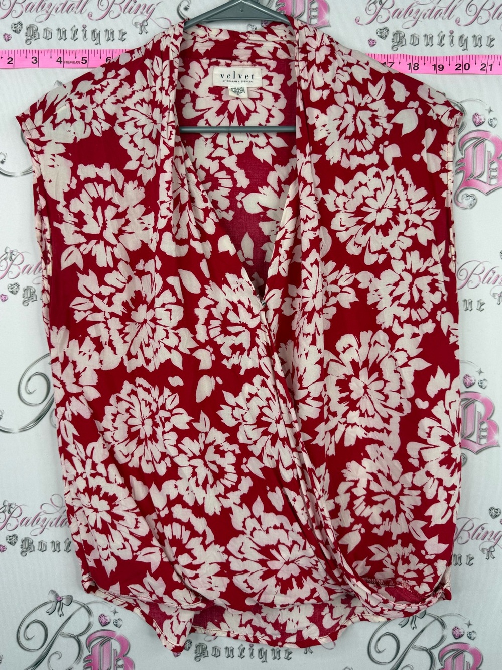 Velvet by Graham & Spencer Red and Cream Floral Faux-Wrap Tank